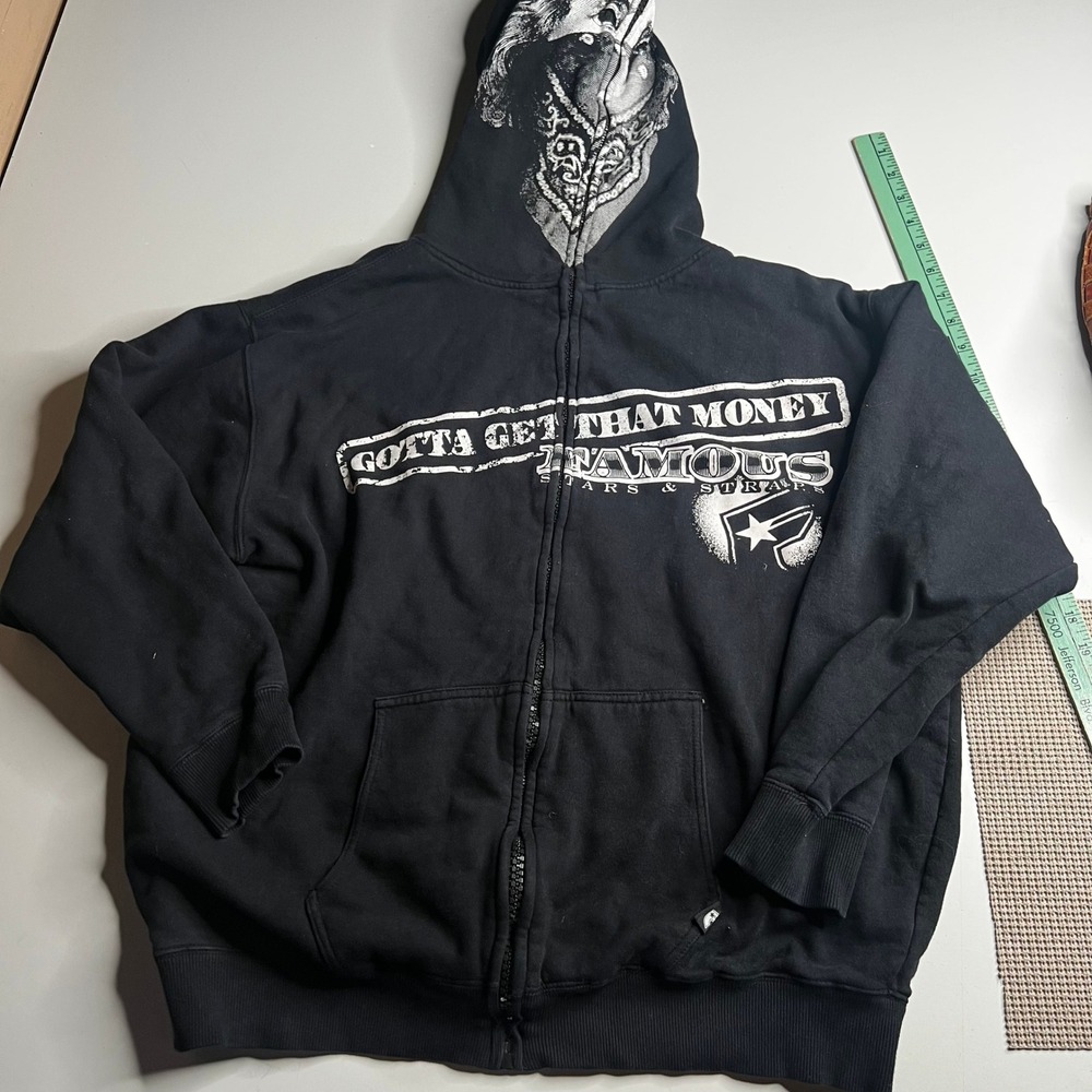 Famous Stars and Straps Mens Full Zip Hoodie Black Money Graphic Large